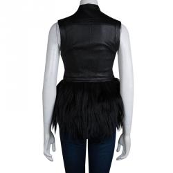Herve Leger Black Lambskin Leather Fur Trim Vest XS