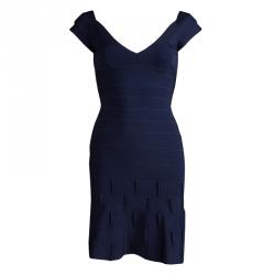 Herve Leger Navy Blue Knit Flared Bottom Bandage Dress S