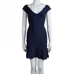 Herve Leger Navy Blue Knit Flared Bottom Bandage Dress S