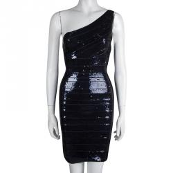 Herve Leger Navy Blue Sequined One Shoulder Pauline Bandage Dress S
