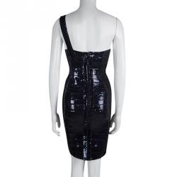 Herve Leger Navy Blue Sequined One Shoulder Pauline Bandage Dress S
