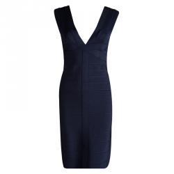 Pre Owned Herve Leger Blue Night V-Neck Bandage Dress M