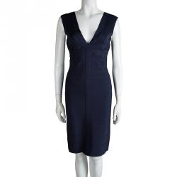 Pre Owned Herve Leger Blue Night V-Neck Bandage Dress M