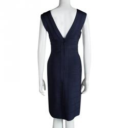 Pre Owned Herve Leger Blue Night V-Neck Bandage Dress M