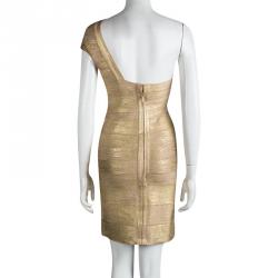 Herve Leger Metallic Coated One Shoulder Bandage Dress M