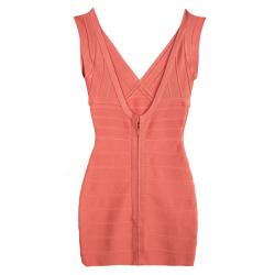 Pre Owned Herve Leger Pastel Orange V-Neck Bandage Dress XS