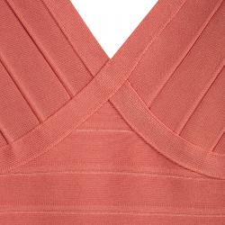 Pre Owned Herve Leger Pastel Orange V-Neck Bandage Dress XS