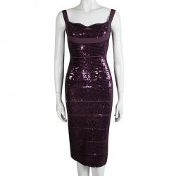 Pre Owned فستان هيرفي ليجي بانتدج برقوقي مزخرف ترتر بلا أكمام M