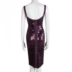 Pre Owned فستان هيرفي ليجي بانتدج برقوقي مزخرف ترتر بلا أكمام M