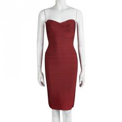 Pre Owned Herve Leger Red Strapless Bandage Dress XS