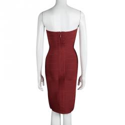 Pre Owned Herve Leger Red Strapless Bandage Dress XS