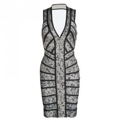 Pre Owned فستان هيرفي ليجي زارا بانتدج رصاصي طباعة موردة بسحاب أمامي S