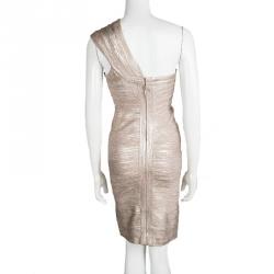 Pre Owned Herve Leger Metallic Coated One Shoulder Josephine Bandage Dress M
