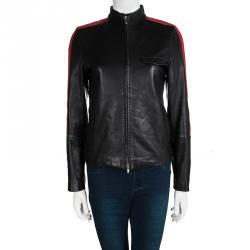 Pre Owned Hugo Boss Black Lamb Leather Contrast Stripe Detail Biker Jacket XS
