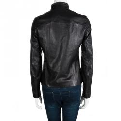 Pre Owned Hugo Boss Black Lamb Leather Contrast Stripe Detail Biker Jacket XS