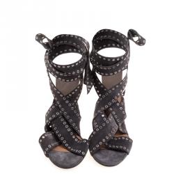 Pre Owned Isabel Marant Grey Eyelet Suede Anaid Cross Strap Wrap Around Sandals Size 38