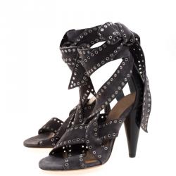 Pre Owned Isabel Marant Grey Eyelet Suede Anaid Cross Strap Wrap Around Sandals Size 38