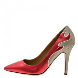 Pre Owned Isabel Marant Red Leather and Silver Suede  Étoile Gilby Pumps Size 38