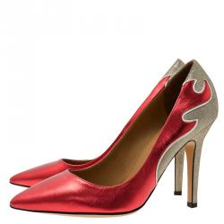 Pre Owned Isabel Marant Red Leather and Silver Suede  Étoile Gilby Pumps Size 38