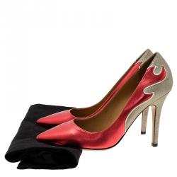 Pre Owned Isabel Marant Red Leather and Silver Suede  Étoile Gilby Pumps Size 38