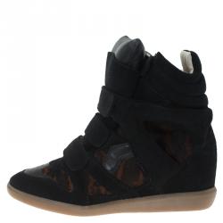 Pre Owned Isabel Marant Black Suede and Brown Calf Hair Bekett Wedge Sneakers Size 39
