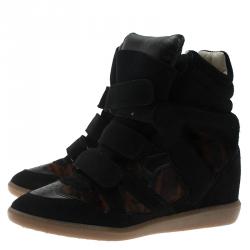Pre Owned Isabel Marant Black Suede and Brown Calf Hair Bekett Wedge Sneakers Size 39