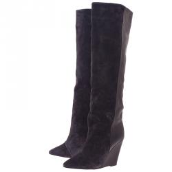 Pre Owned Isabel Marant Black Suede and Leather Prescott Wedge Knee Boots Size 38
