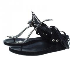 Pre Owned Isabel Marant Black Leather and Suede Edris Bow Tie Sandals Size 37