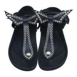 Pre Owned Isabel Marant Black Leather and Suede Edris Bow Tie Sandals Size 37