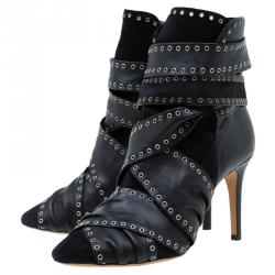 Pre Owned Isabel Marant Black Eyelet Leather and Suede Alease Tie Around Ankle Boots Size 40