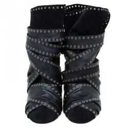 Pre Owned Isabel Marant Black Eyelet Leather and Suede Alease Tie Around Ankle Boots Size 40