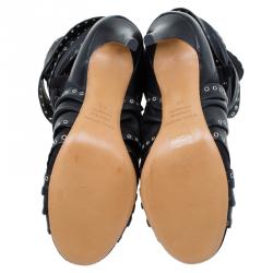 Pre Owned Isabel Marant Black Eyelet Leather and Suede Alease Tie Around Ankle Boots Size 40