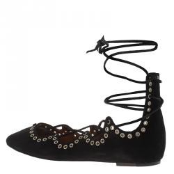 Isabel Marant Black Suede Leo Eyelet Lace-Up Ballet Flats Size 37