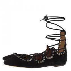 Isabel Marant Black Suede Leo Eyelet Lace-Up Ballet Flats Size 37