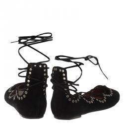 Isabel Marant Black Suede Leo Eyelet Lace-Up Ballet Flats Size 37