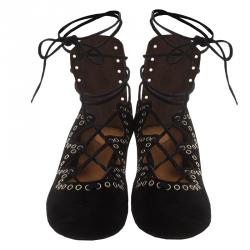 Isabel Marant Black Suede Leo Eyelet Lace-Up Ballet Flats Size 37