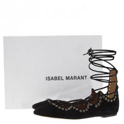 Isabel Marant Black Suede Leo Eyelet Lace-Up Ballet Flats Size 37