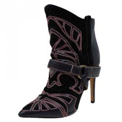 Pre Owned Isabel Marant Black Embroidered Suede and Leather Betty Ankle Boots Size 37