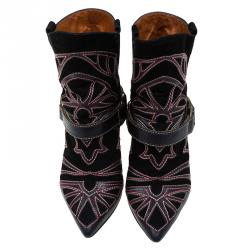 Pre Owned Isabel Marant Black Embroidered Suede and Leather Betty Ankle Boots Size 37