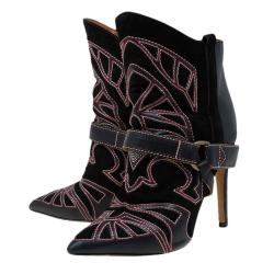 Pre Owned Isabel Marant Black Embroidered Suede and Leather Betty Ankle Boots Size 37