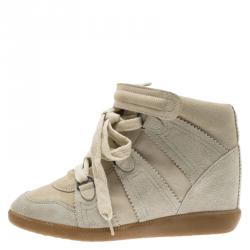 Pre Owned Isabel Marant Off -White Suede Bobby Lace Up Wedge Sneakers Size 37