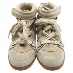 Pre Owned Isabel Marant Off -White Suede Bobby Lace Up Wedge Sneakers Size 37
