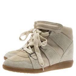 Pre Owned Isabel Marant Off -White Suede Bobby Lace Up Wedge Sneakers Size 37