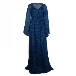 Pre Owned Issa London Blue Printed Silk Belted Kaftan Maxi Dress L