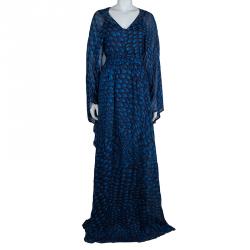 Pre Owned فستان قفطان ماكسي عيسى لندن حرير أزرق مطبوع بحزام L