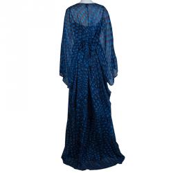 Pre Owned فستان قفطان ماكسي عيسى لندن حرير أزرق مطبوع بحزام L