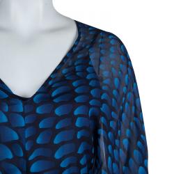 Pre Owned فستان قفطان ماكسي عيسى لندن حرير أزرق مطبوع بحزام L