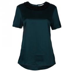 Jason Wu Green Embellished Neck Detail Short Sleeve Blouse S