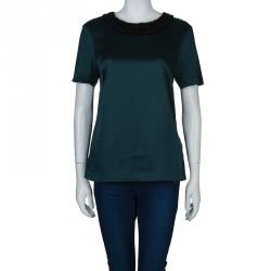 Jason Wu Green Embellished Neck Detail Short Sleeve Blouse S