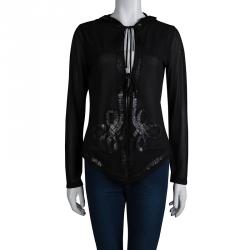 Pre Owned Jean Paul Gaultier Black Knit Applique Detail Hooded Sheer Cardigan M